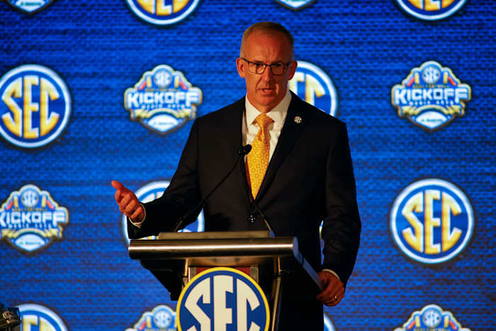 Jul 19, 2021; Hoover, Alabama, USA; SEC commissioner Greg Sankey speaks to the media during SEC Media Days at Hyatt Regency Birmingham. Mandatory Credit: Vasha Hunt-USA TODAY Sports